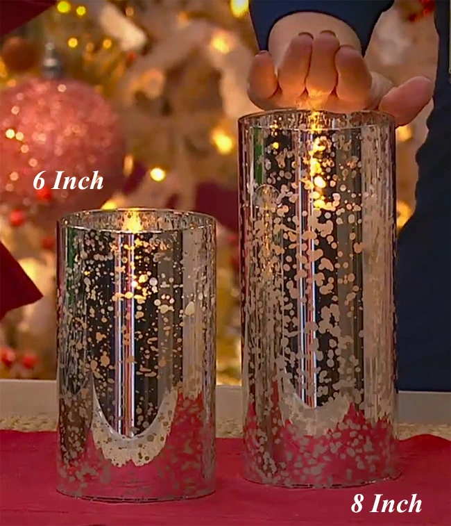 Moving Flame 6 Inch Silver Mercury Glass Flameless Cylinder Candle -Timer 1 Moving Flame 6 Inch Silver Mercury Glass Flameless Cylinder Candle -Timer