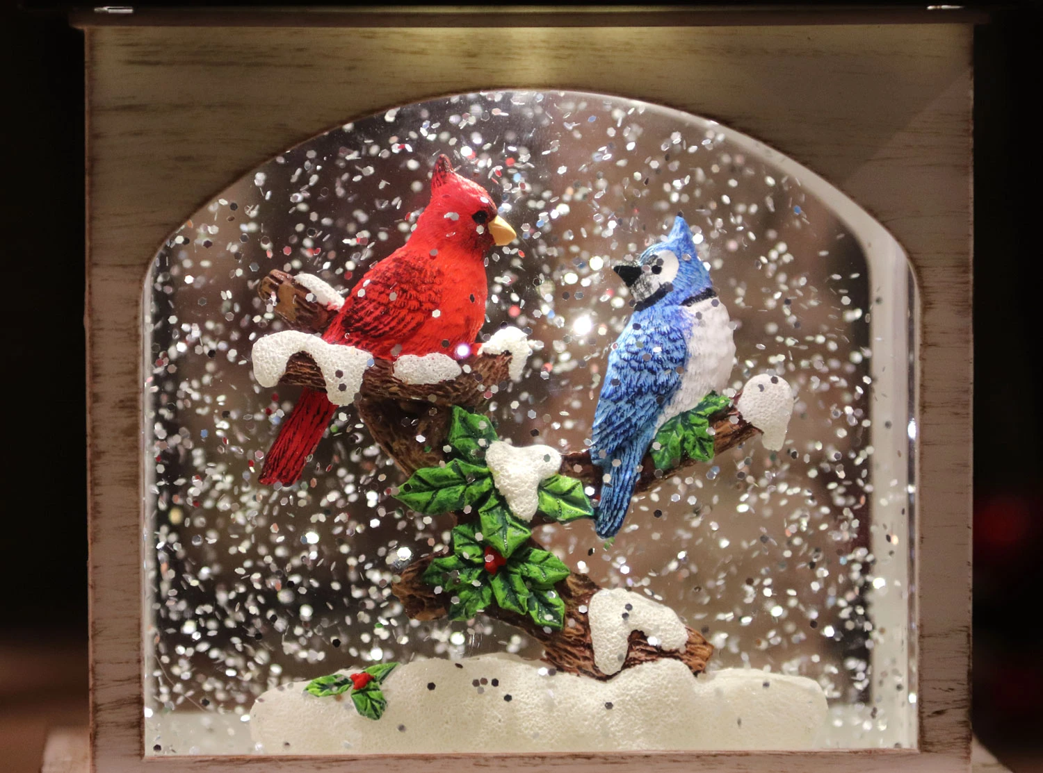 8.25 Inch Lighted Cardinal With Blue Jay Water Lantern In Swirling Glitter 2 8.25 Inch Lighted Cardinal With Blue Jay Water Lantern In Swirling Glitter - Image 2