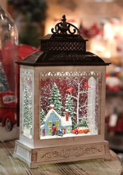 11 Inch Cabin With Red Wagon In The Woods Lighted Water Lantern - Optional Music Setting