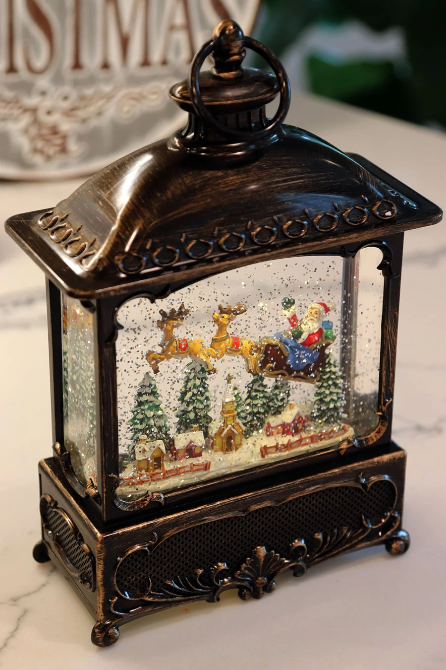 11 Inch Decorative Bronze Water Lantern With Flying Santa In Swirling Glitter 2 11 Inch Decorative Bronze Water Lantern With Flying Santa In Swirling Glitter - Image 2