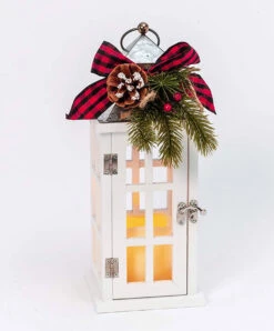 Windowpane Christmas Candle Lantern White Wood With Metal Top - Floral Accents 12.5 Inch -Christmas Decoration Discount 2530160