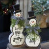 Set Of 2 White Resin Snowmen With Pine And Bows -