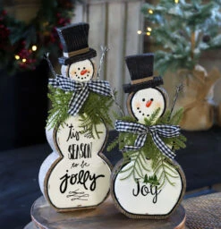 Set Of 2 White Resin Snowmen With Pine And Bows -