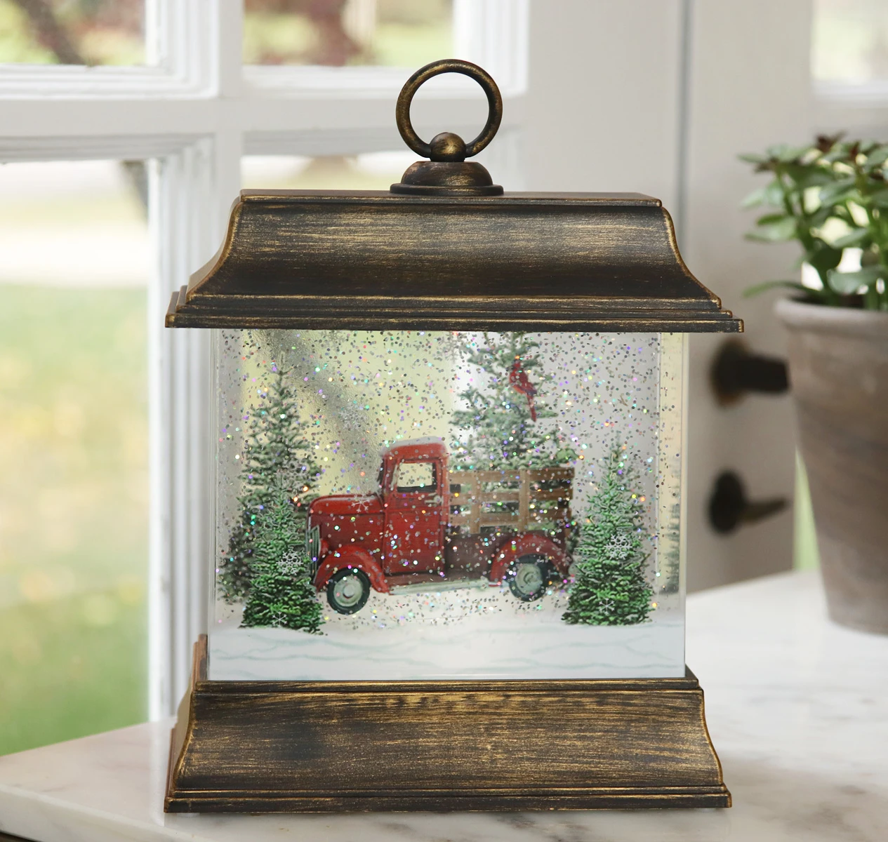 9.5 Inch Woodland Truck Scene Lighted Water Lantern In Swirling Glitter 1 9.5 Inch Woodland Truck Scene Lighted Water Lantern In Swirling Glitter