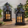 Set Of 2 Battery Operated Lighted Black Metal Holiday Lanterns With Floral Accents And Timer
