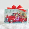 6 Inch Tabletop LED Lighted Print On Canvas - Dogs In A Red Truck With Stand
