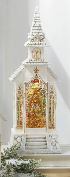 Lighted Water Lantern Stained Glass Church With Holy Family - USB Cord Included