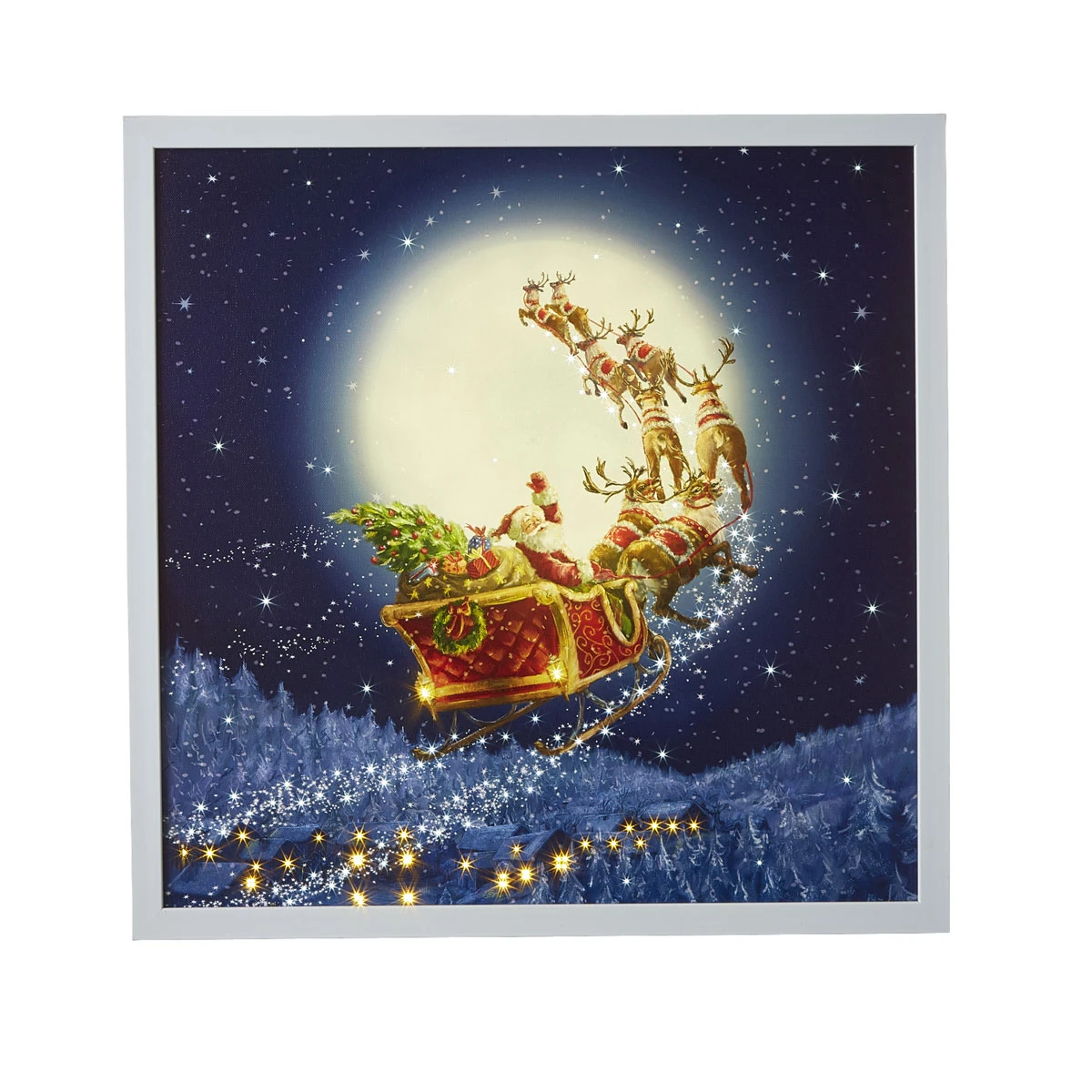 Flying Santa's Sleigh Lighted Canvas Print With White Wood Frame 19.5 Inch - From RAZ 1 Flying Santa's Sleigh Lighted Canvas Print With White Wood Frame 19.5 Inch - From RAZ