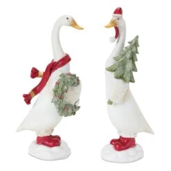 Christmas Goose Figurine Set Of 2 Assorted Resin 9.5 - 10 Inch