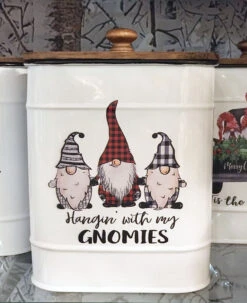 Gnome Design Canisters Metal With Wood Lids Set Of 4 Assorted -Christmas Decoration Discount gnome 3