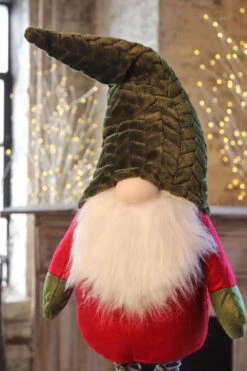 Holiday Gnome With Extendable Legs - Green Hat, Striped Legs - 46 Inch -Christmas Decoration Discount gnome green hat side