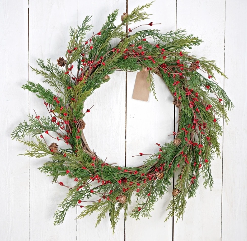 Holiday Artificial Wreath - Evergreen Pine With Red Pip Berries - 24 Inch