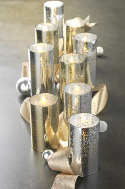 Moving Flame 6 Inch Silver Mercury Glass Flameless Cylinder Candle -Timer 5 Moving Flame 6 Inch Silver Mercury Glass Flameless Cylinder Candle -Timer -Christmas Decoration Discount merc glass candles gold silver