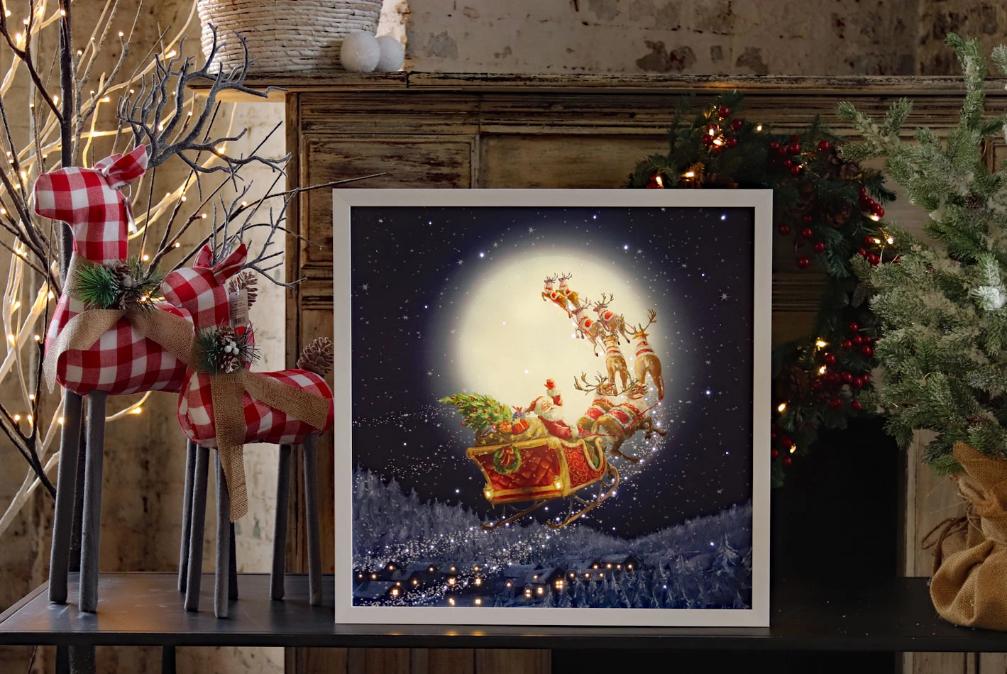 Flying Santa's Sleigh Lighted Canvas Print With White Wood Frame 19.5 Inch - From RAZ 2 Flying Santa's Sleigh Lighted Canvas Print With White Wood Frame 19.5 Inch - From RAZ - Image 2