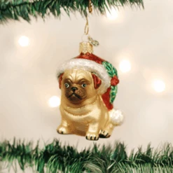 Old World Christmas Glass Ornament - Holly Hat Pug